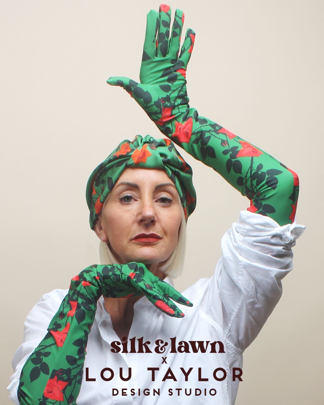 Silk Turban & Head wrap - Lou Taylor Botanical green and red roses silk twill