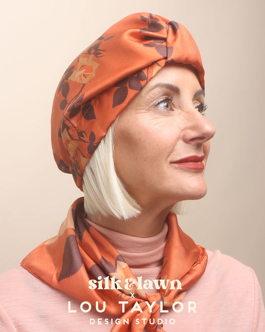 Silk Turban & Head wrap - Lou Taylor Botanical orange and pink roses silk twill