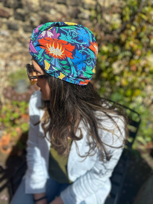 Little Susan Twisted Silk Turban & Head wrap - Liberty of London The Arts of Craft William Morris Standen Fruit and Floral Navy silk crepe