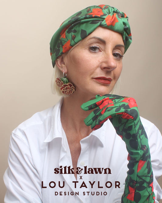 Little Susan Twisted Silk Turban & Head wrap - Lou Taylor Botanical green and red roses silk twill