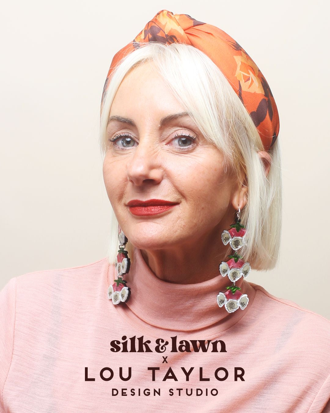 Luxury Silk Knot Alice band - Lou Taylor Botanical Orange and Pink Rose in Silk twill
