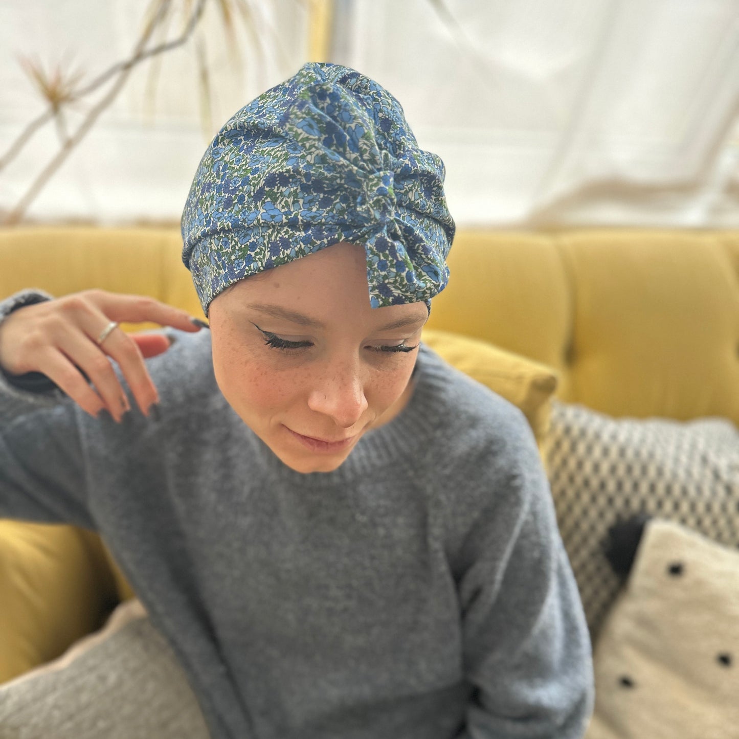 Ladies Turban Hat - Liberty of London Classic Blue Poppy floral print (LARGE) - Silk & Lawn