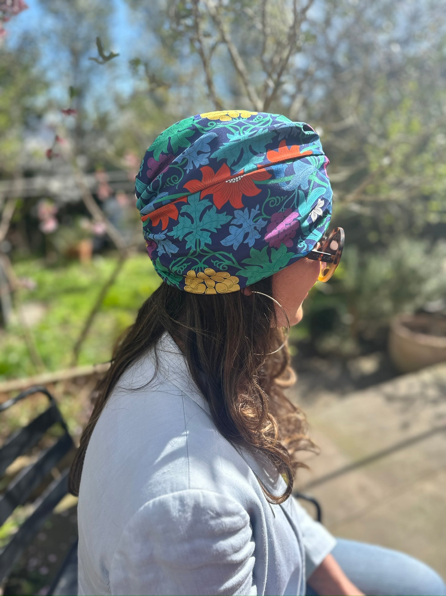 Little Susan Twisted Silk Turban & Head wrap - Liberty of London The Arts of Craft William Morris Standen Fruit and Floral Navy silk crepe