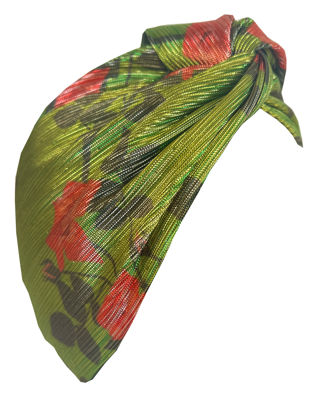 Little Susan Twisted Silk Turban & Head wrap - Lou Taylor Botanical green and red roses in gold lamé