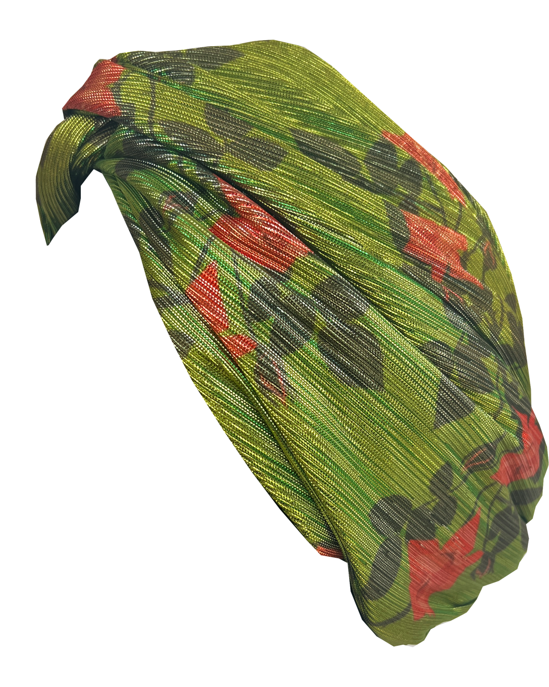 Little Susan Twisted Silk Turban & Head wrap - Lou Taylor Botanical green and red roses in gold lamé