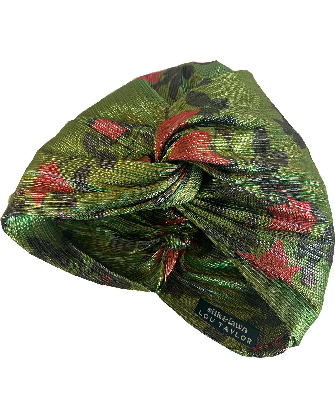 Little Susan Twisted Silk Turban & Head wrap - Lou Taylor Botanical green and red roses in gold lamé