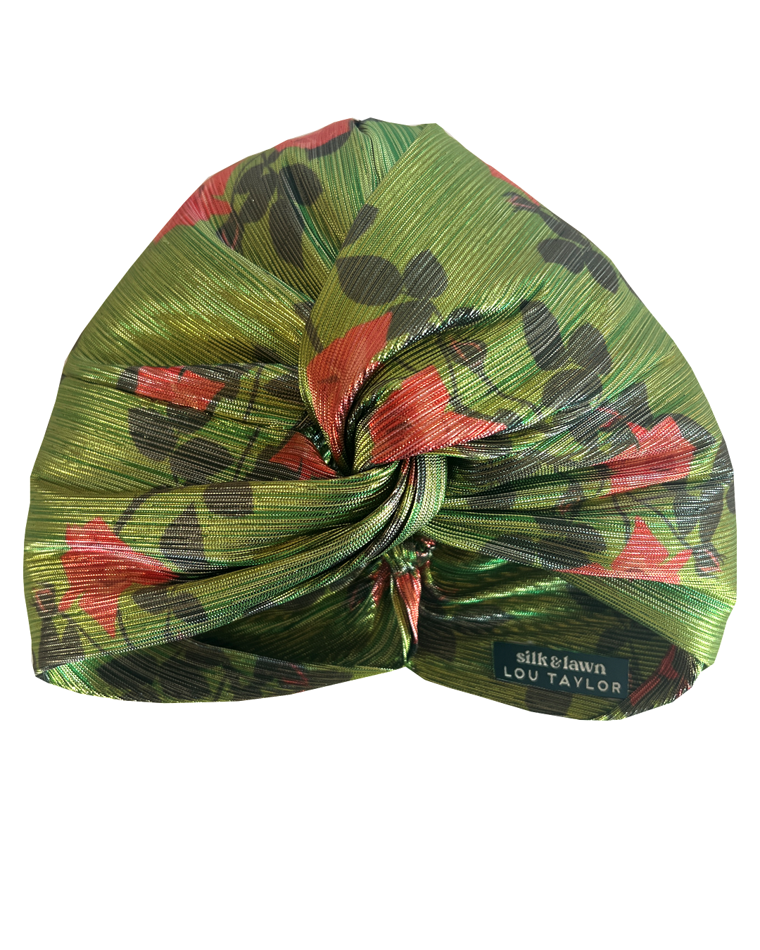 Little Susan Twisted Silk Turban & Head wrap - Lou Taylor Botanical green and red roses in gold lamé