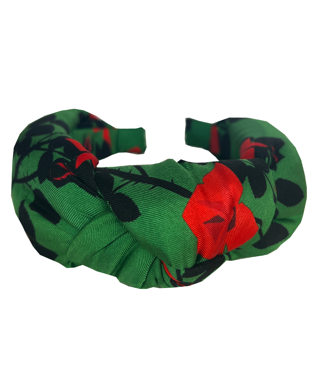 Luxury Silk Knot Alice band - Lou Taylor Botanical Green and Red Roses in Silk twill