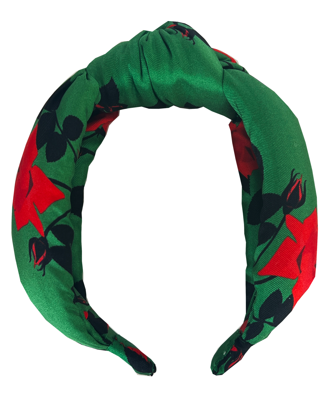 Luxury Silk Knot Alice band - Lou Taylor Botanical Green and Red Roses in Silk twill