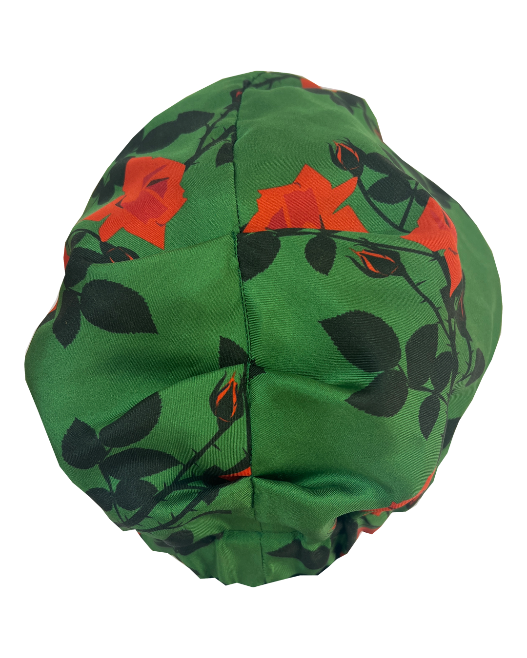Little Susan Twisted Silk Turban & Head wrap - Lou Taylor Botanical green and red roses silk twill