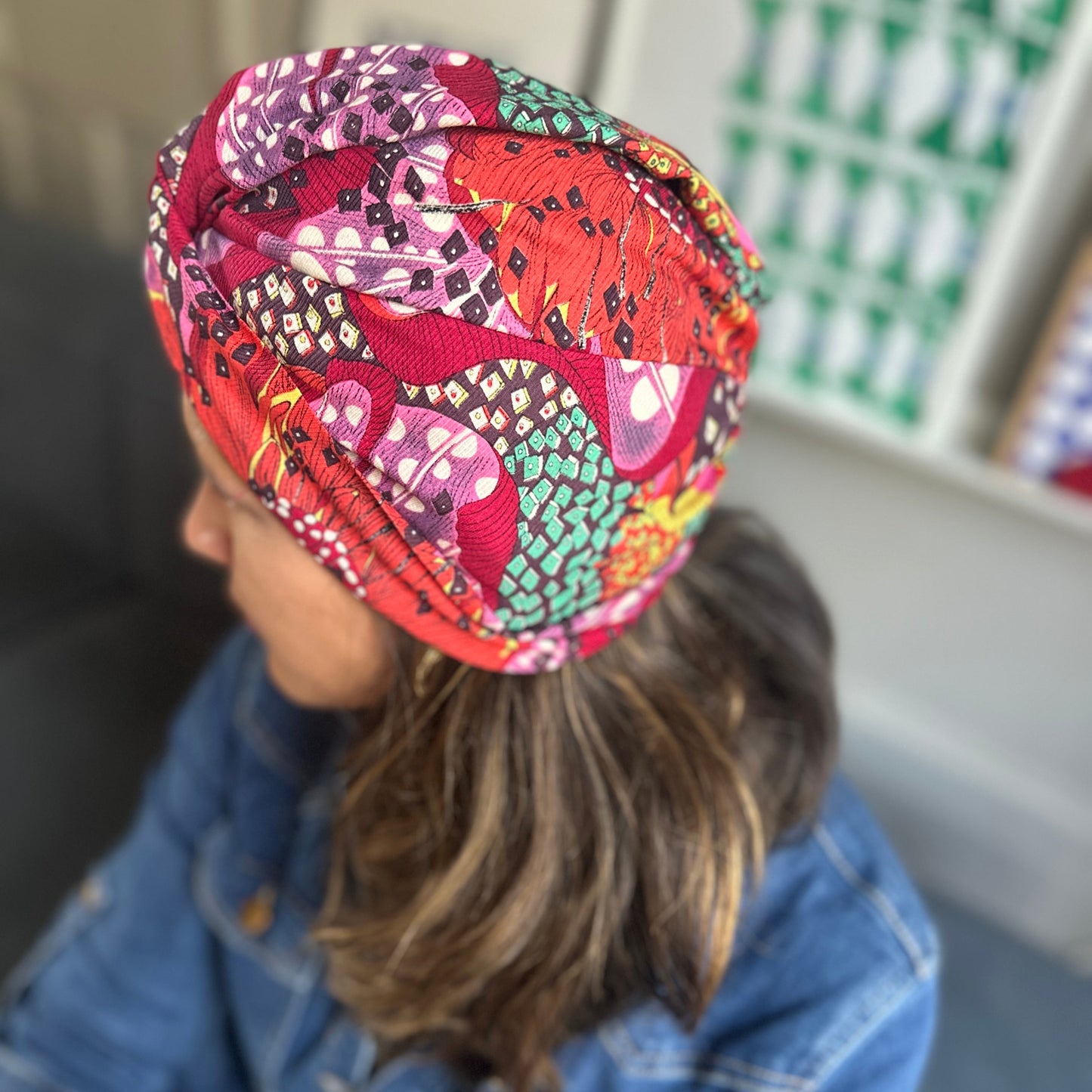 Little Susan Twisted Silk Turban & Head wrap - Liberty of London Red Graphic Silk & Wool blend