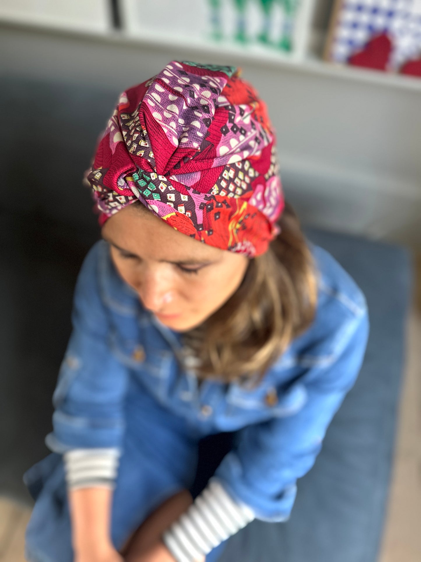 Little Susan Twisted Silk Turban & Head wrap - Liberty of London Red Graphic Silk & Wool blend