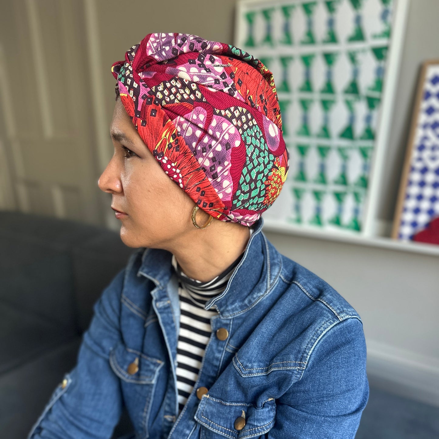 Little Susan Twisted Silk Turban & Head wrap - Liberty of London Red Graphic Silk & Wool blend