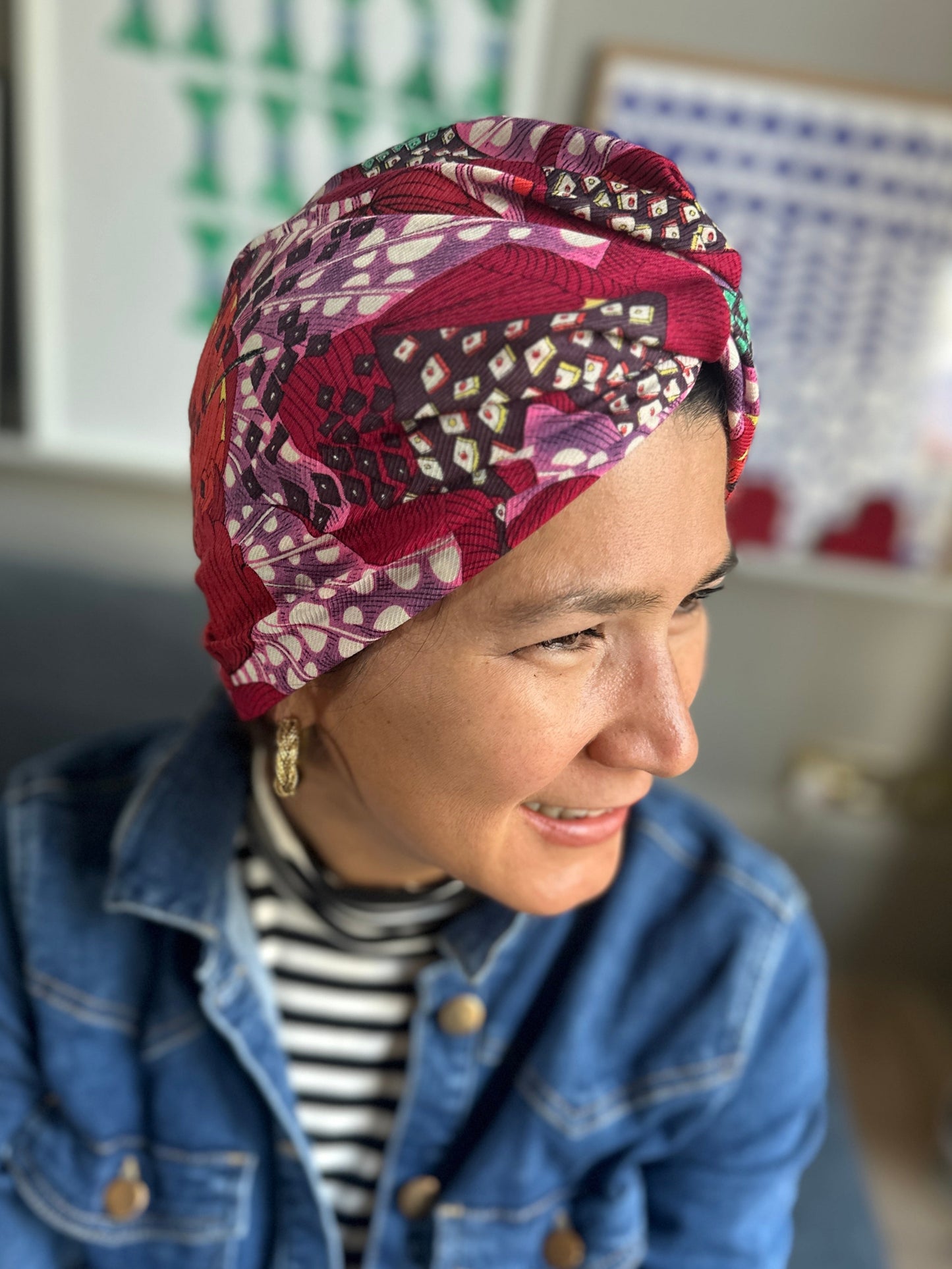 Little Susan Twisted Silk Turban & Head wrap - Liberty of London Red Graphic Silk & Wool blend