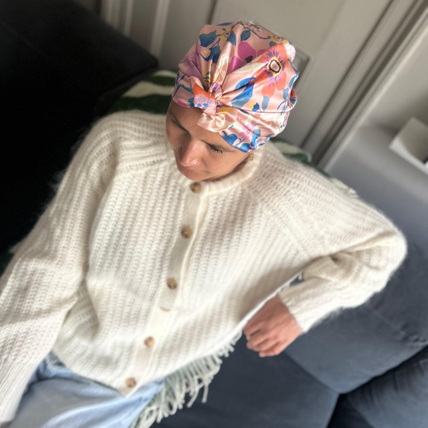 Luxury Silk Turban & Head wrap - Liberty of London Artist Pink Pavilion printed silk satin