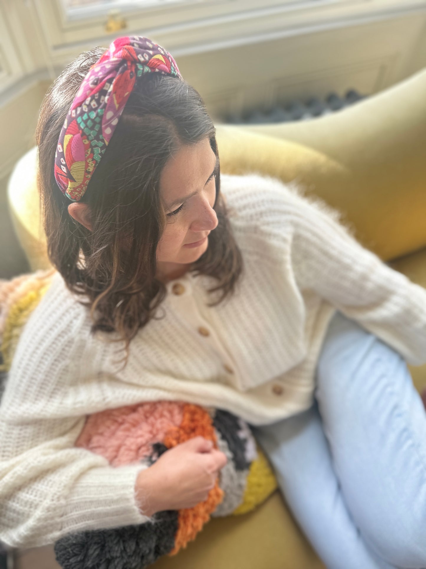 Luxury Silk & Wool Blend Twisted or Knot Alice band in Vintage red multi graphic Liberty of London