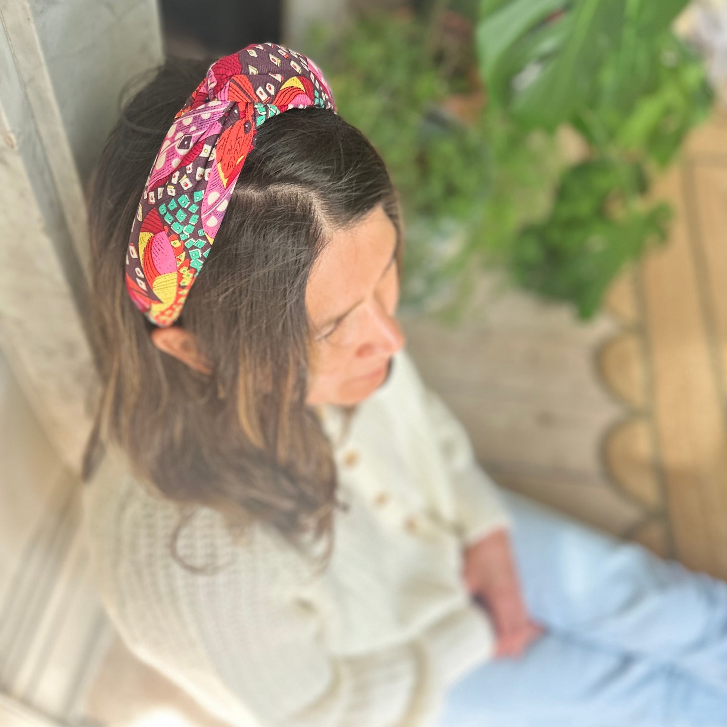 Luxury Silk & Wool Blend Twisted or Knot Alice band in Vintage red multi graphic Liberty of London