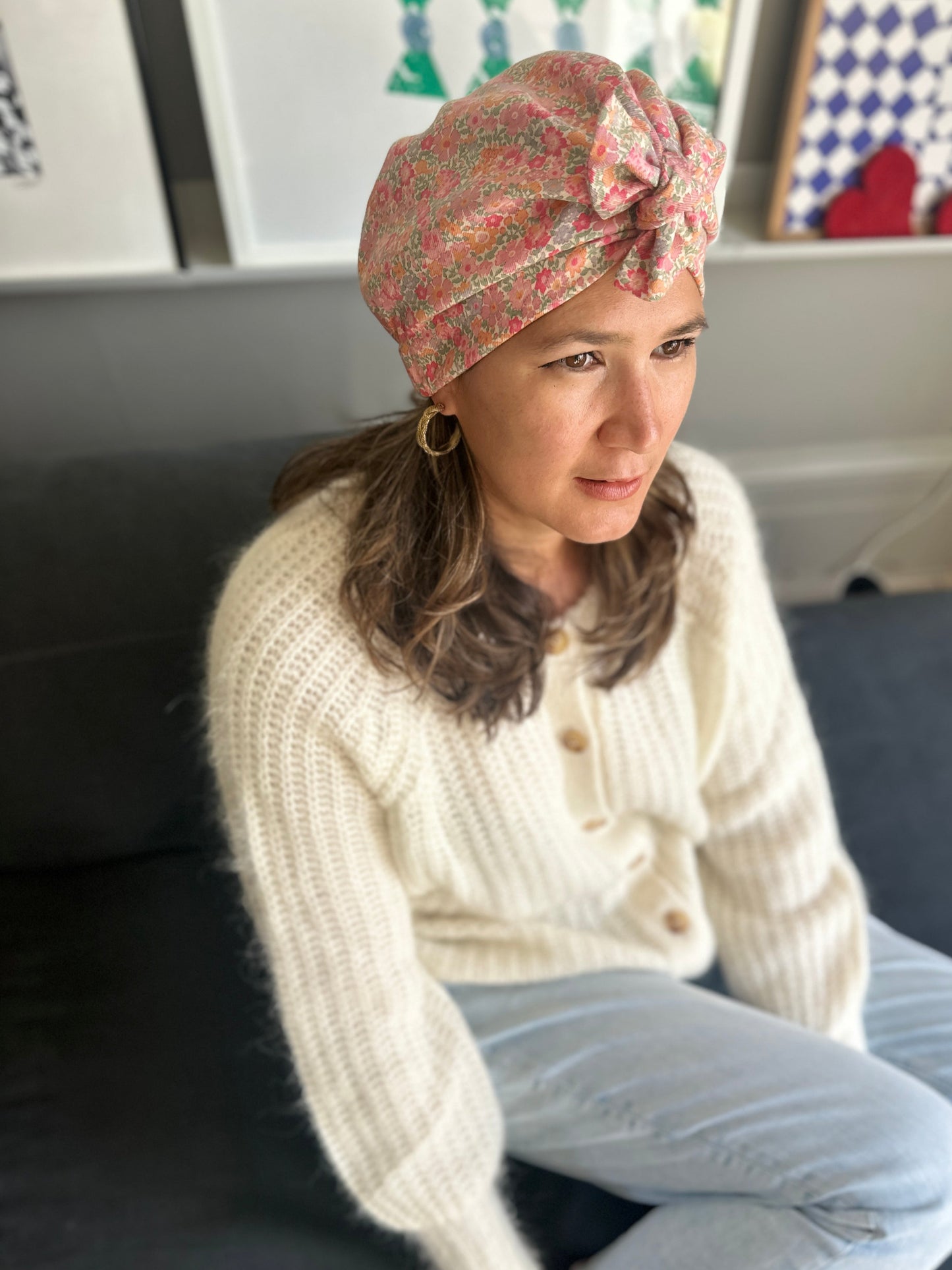 Ladies Turban Hat - Vintage 1980s classic Liberty London pink floral print - Varuna wool