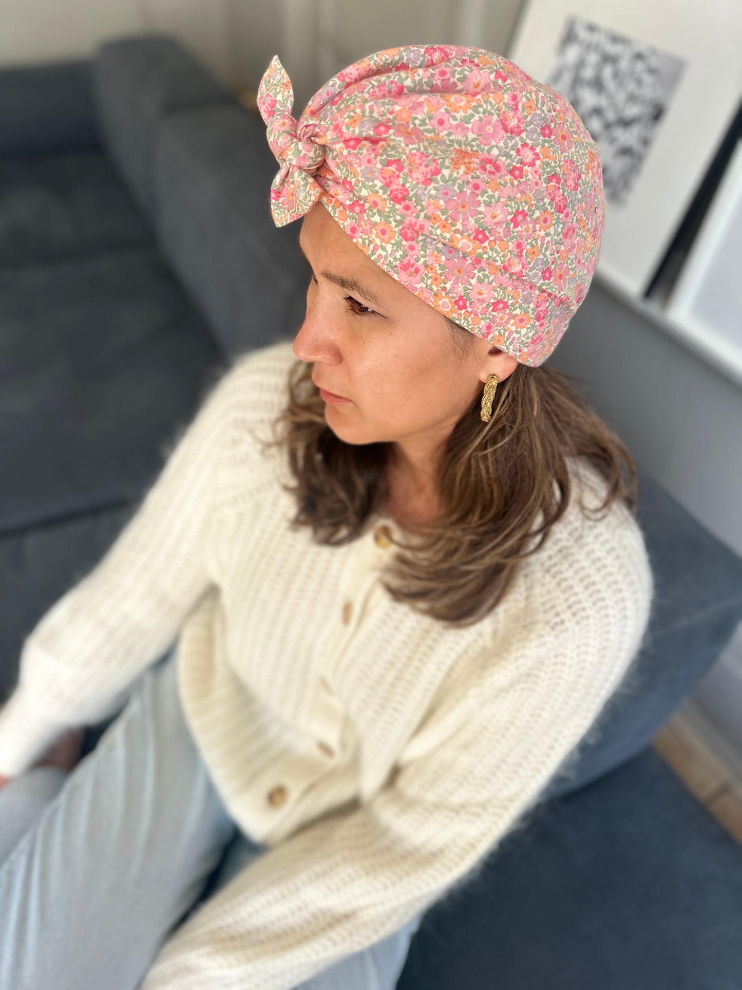 Ladies Turban Hat - Vintage 1980s classic Liberty London pink floral print - Varuna wool