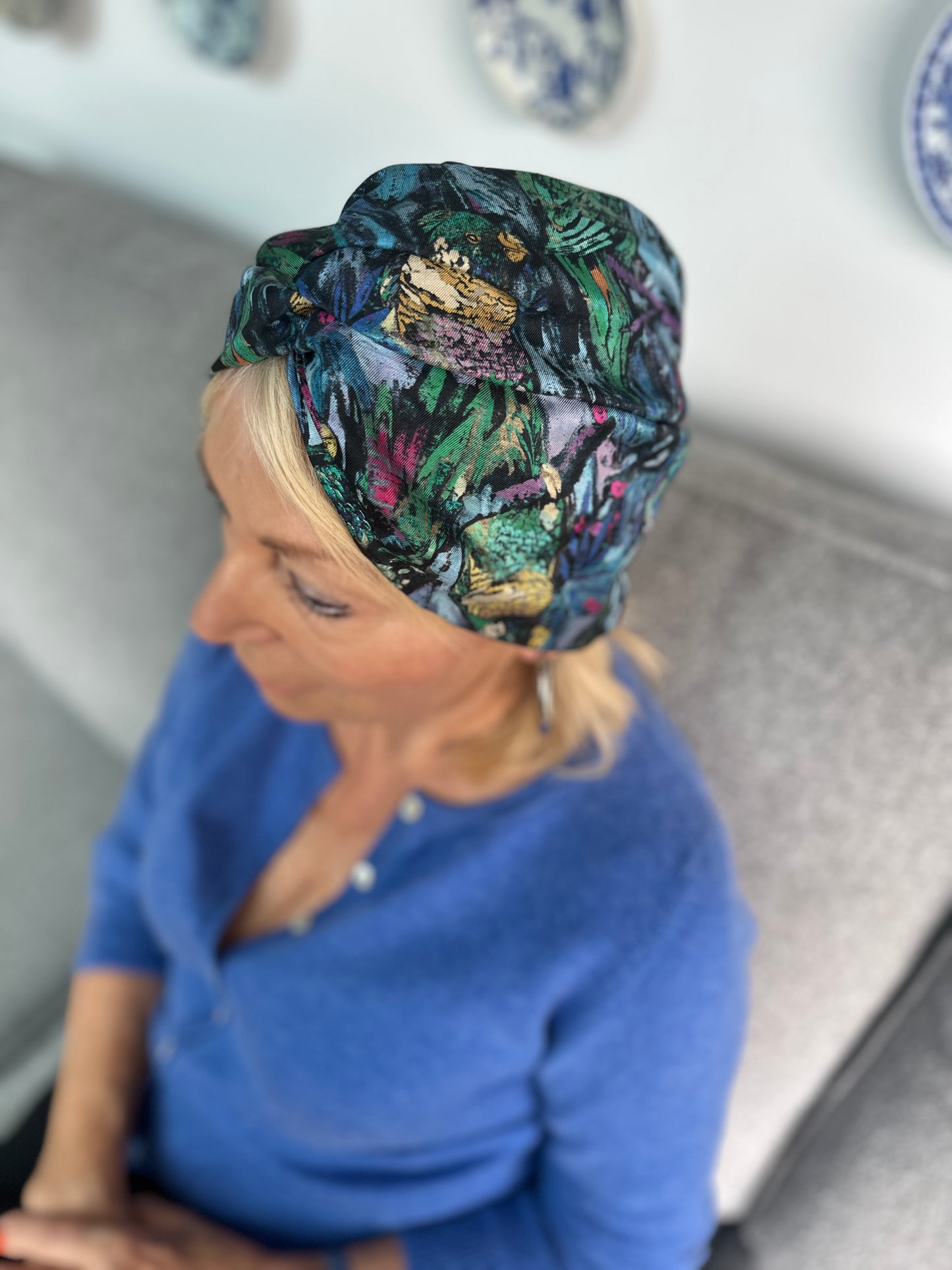 Little Susan Twisted Silk Turban & Head wrap - Liberty of London Blue Birds print in Twill Silk