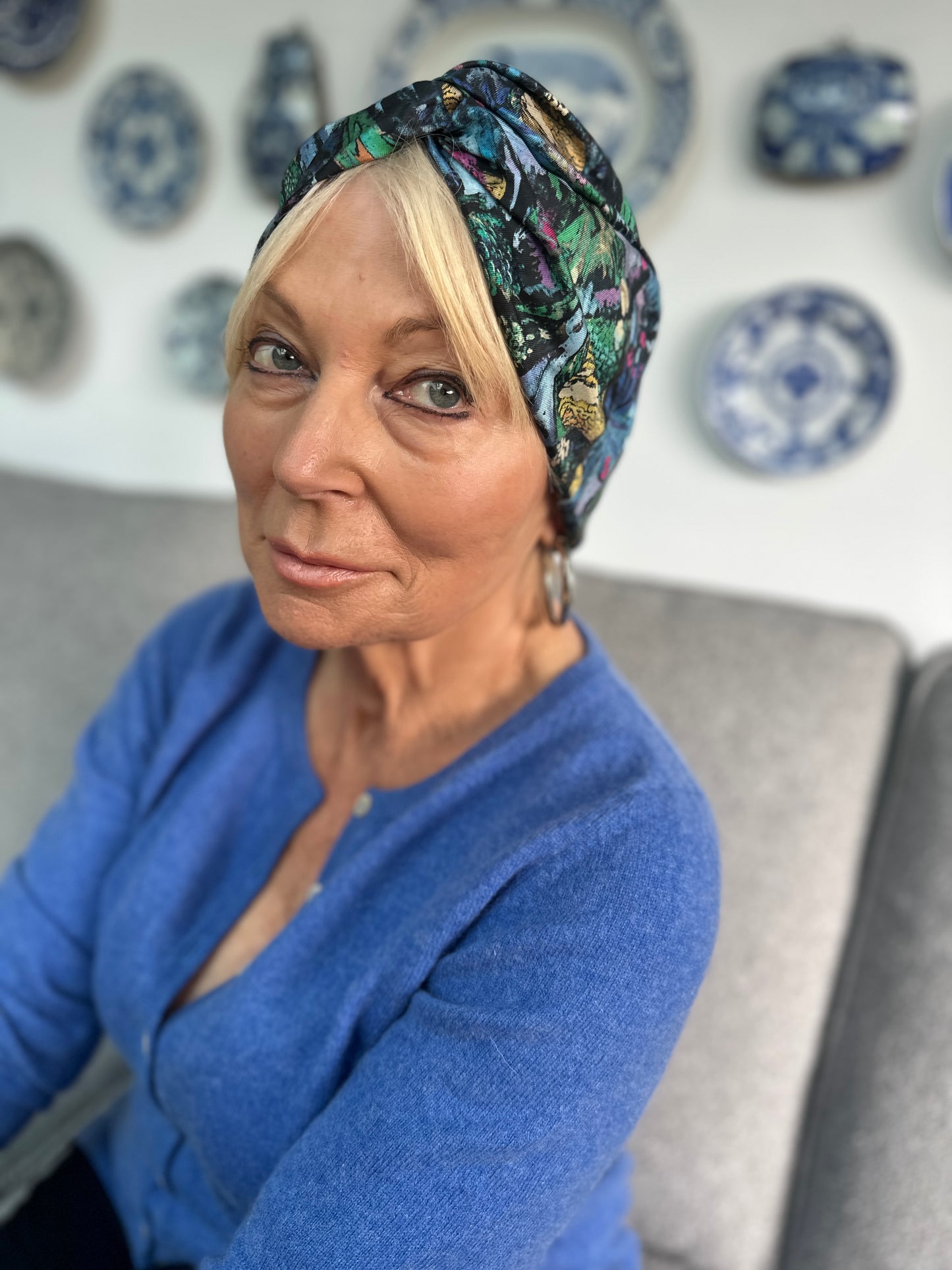 Little Susan Twisted Silk Turban & Head wrap - Liberty of London Blue Birds print in Twill Silk