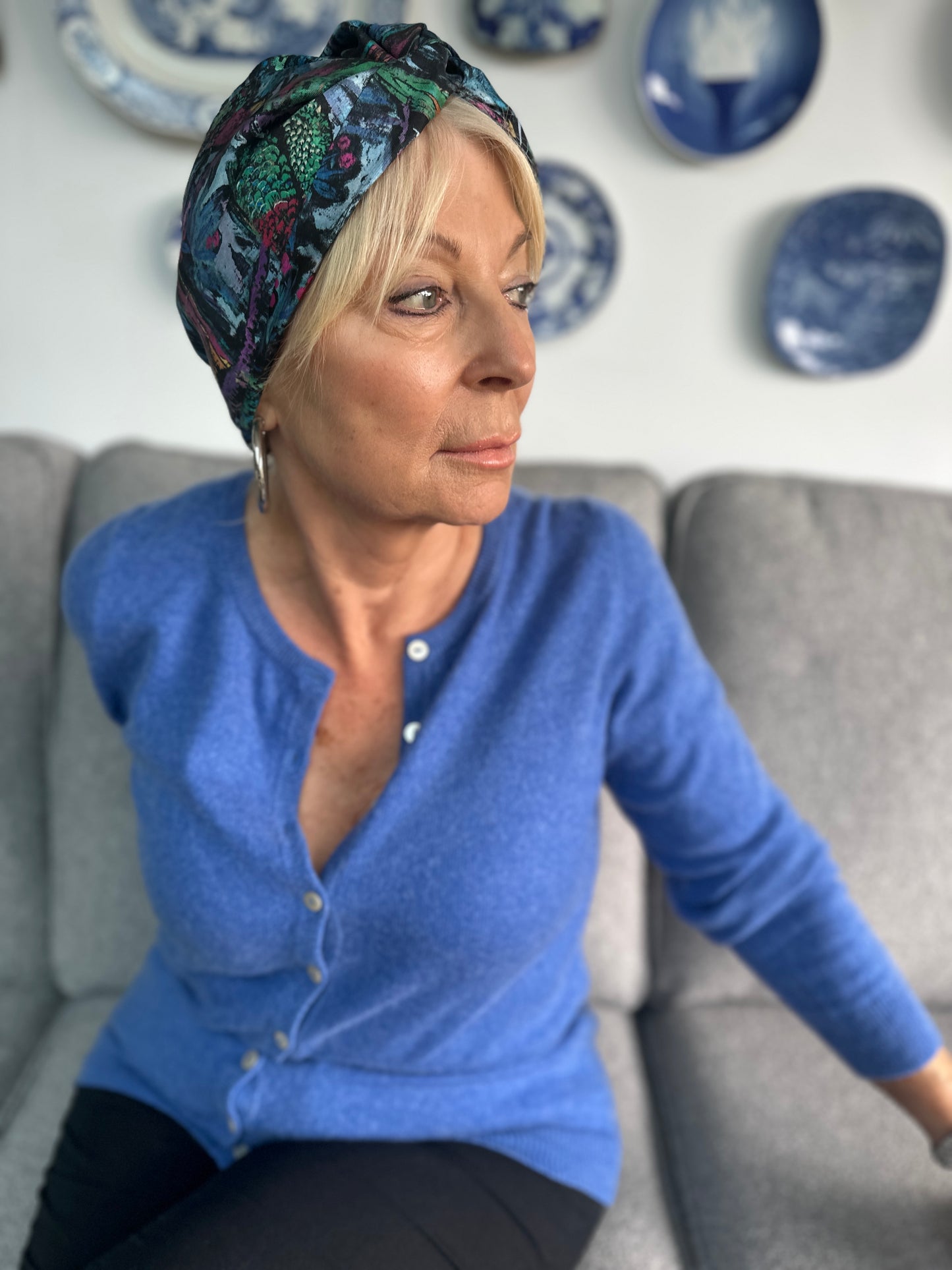 Little Susan Twisted Silk Turban & Head wrap - Liberty of London Blue Birds print in Twill Silk