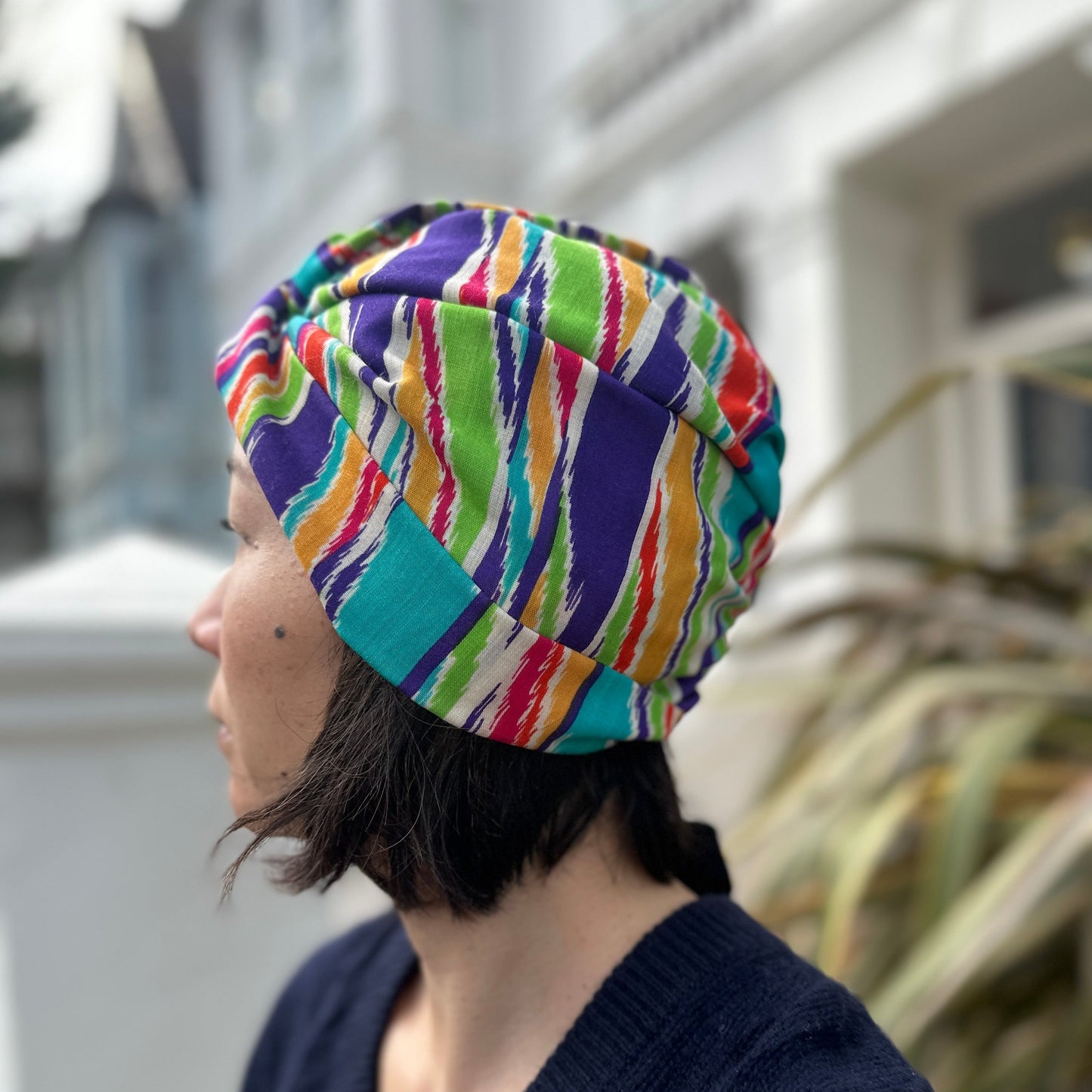 Little Susan Turban Hat -in Vintage Rainbow Ikat Liberty print in Varuna Wool