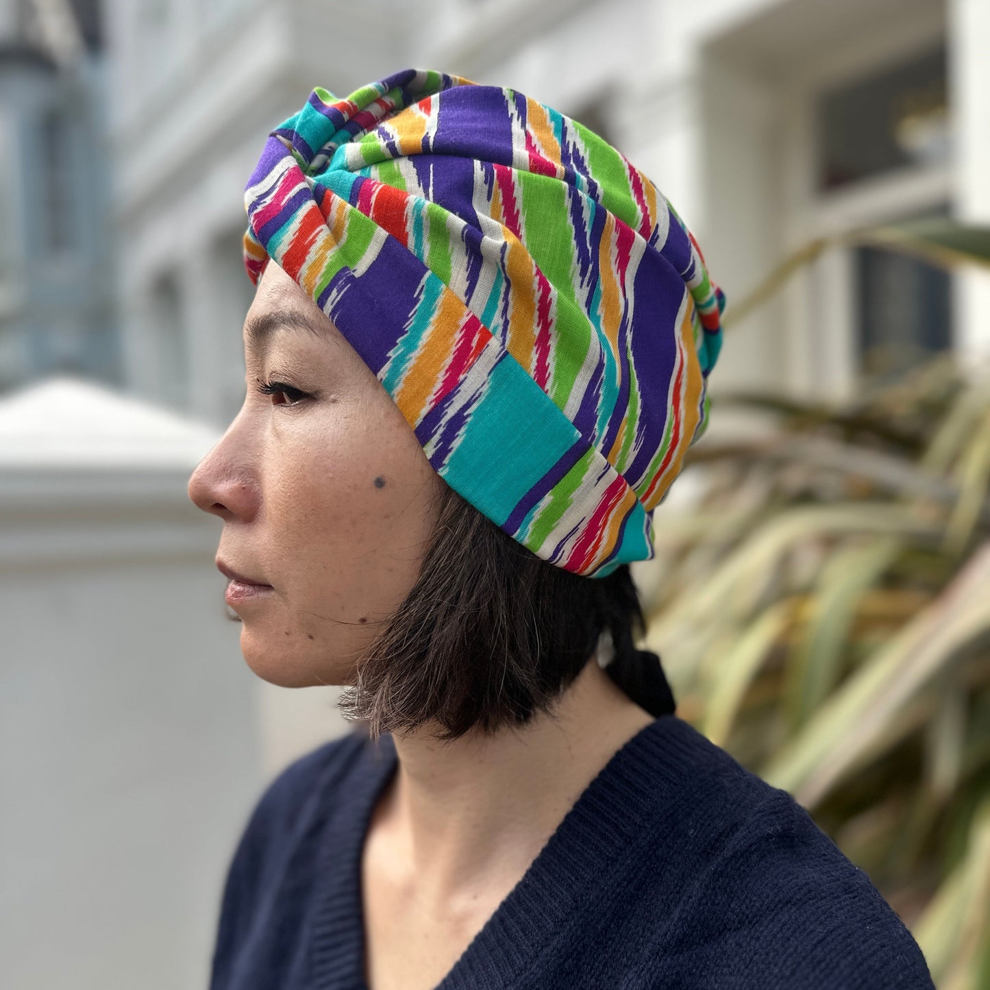Little Susan Turban Hat -in Vintage Rainbow Ikat Liberty print in Varuna Wool