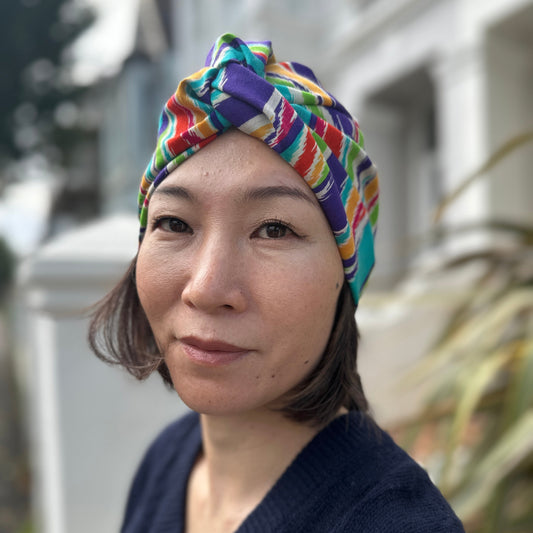 Little Susan Turban Hat -in Vintage Rainbow Ikat Liberty print in Varuna Wool