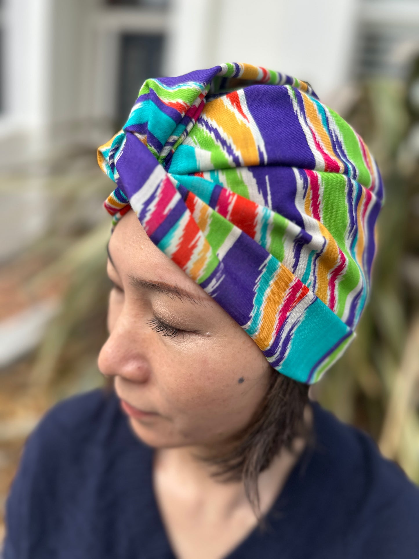 Little Susan Turban Hat -in Vintage Rainbow Ikat Liberty print in Varuna Wool