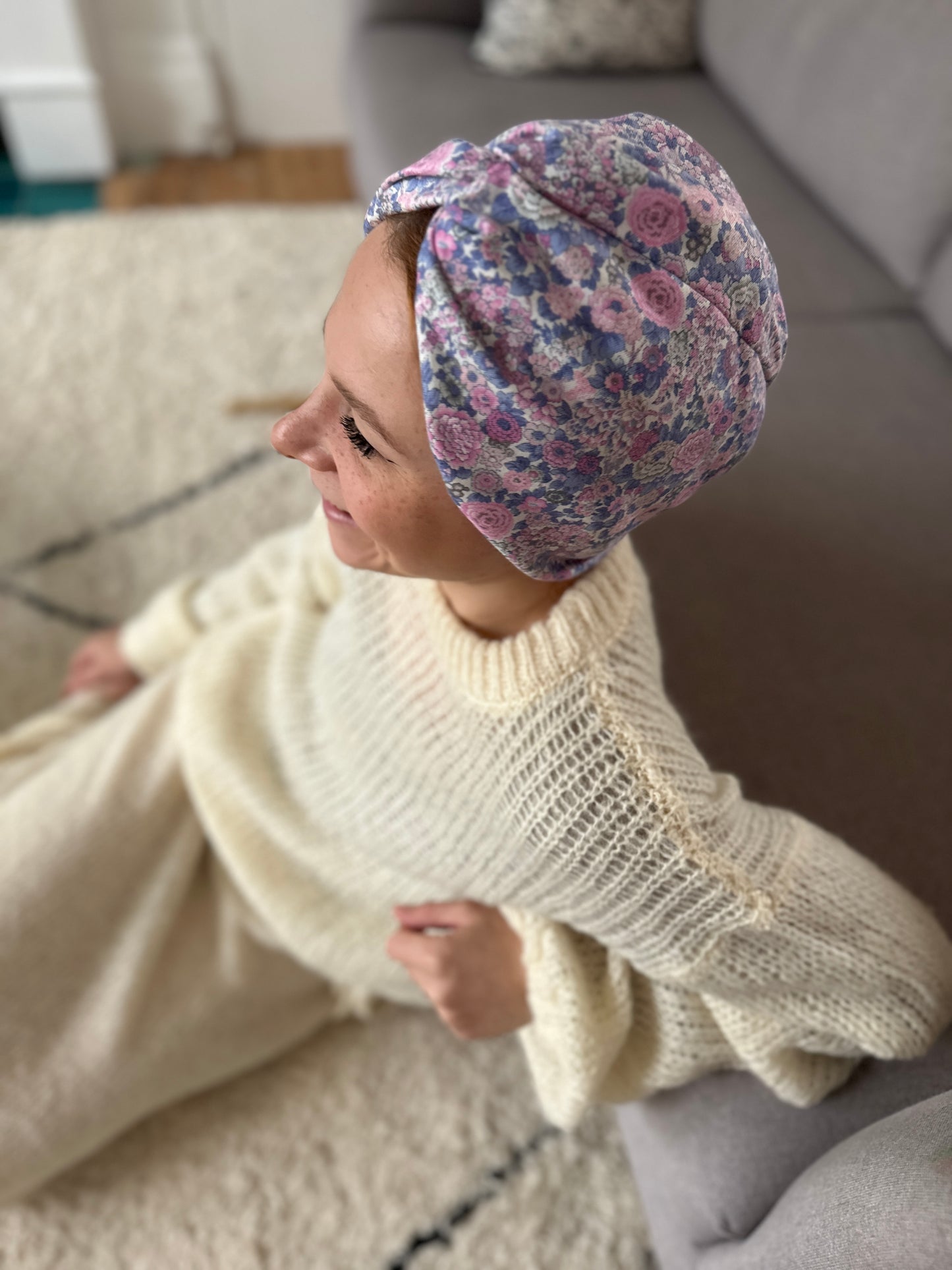 Little Susan Turban Hat in pink and purple Winter Rose Liberty print in Lantana (cotton & wool blend)