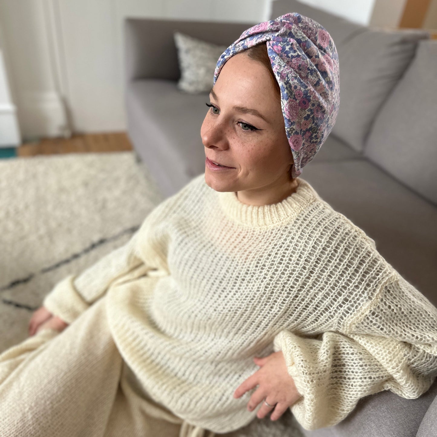 Little Susan Turban Hat in pink and purple Winter Rose Liberty print in Lantana (cotton & wool blend)