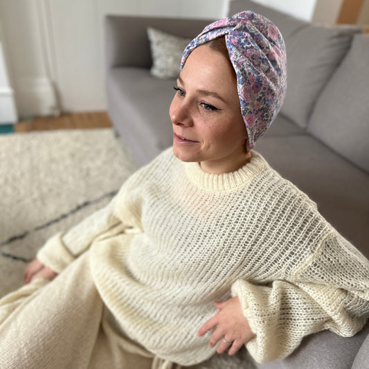 Little Susan Turban Hat in pink and purple Winter Rose Liberty print in Lantana (cotton & wool blend)