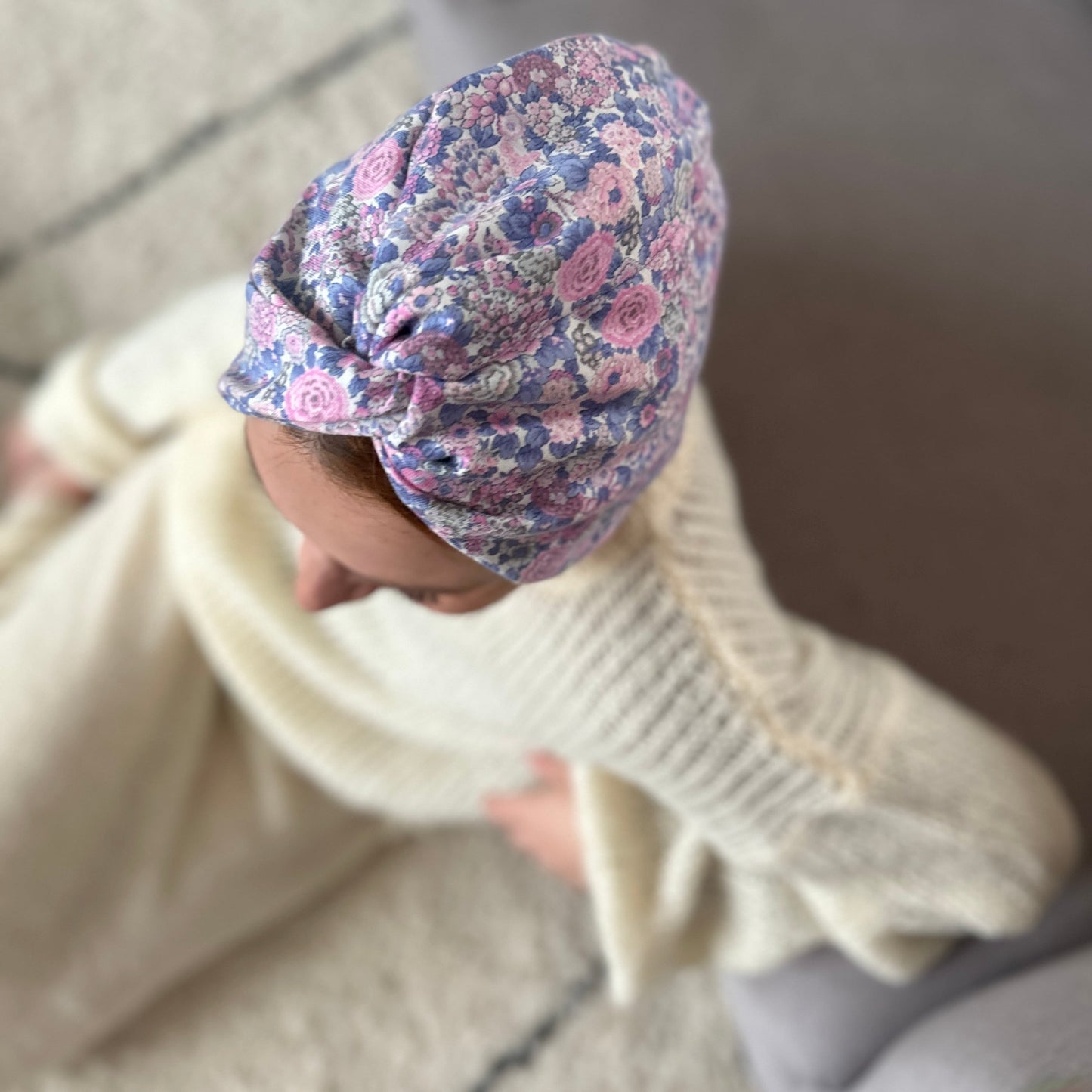 Little Susan Turban Hat in pink and purple Winter Rose Liberty print in Lantana (cotton & wool blend)