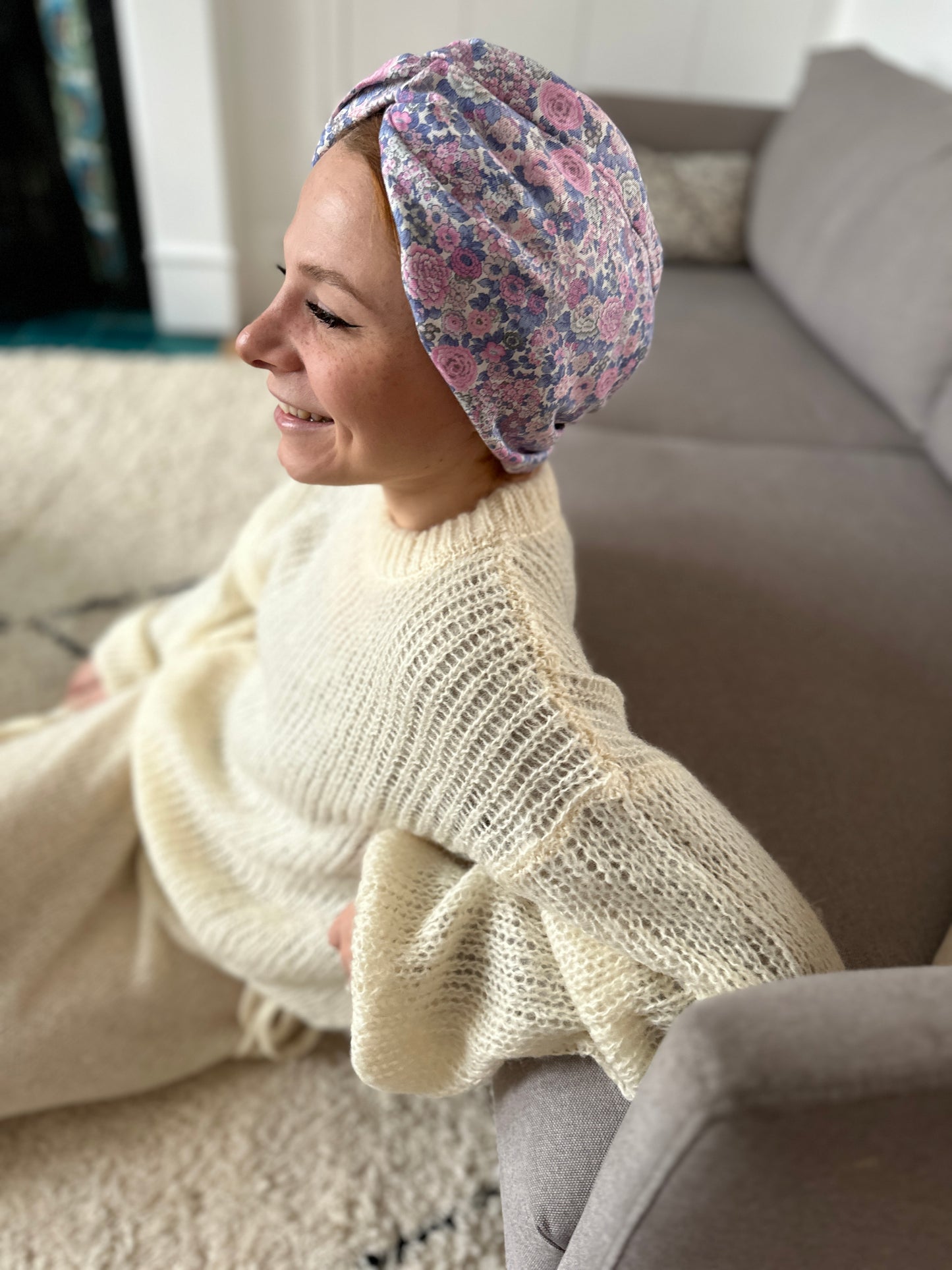 Little Susan Turban Hat in pink and purple Winter Rose Liberty print in Lantana (cotton & wool blend)