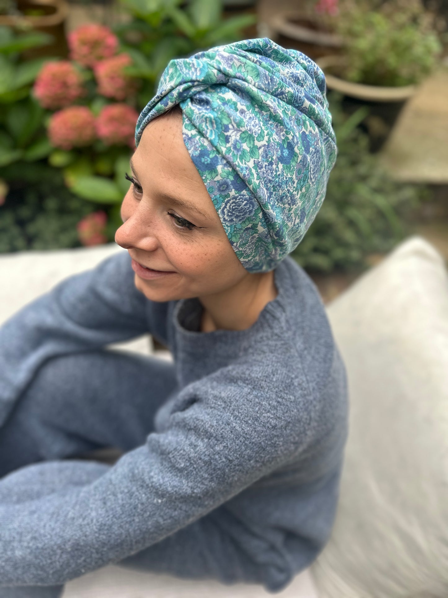 Little Susan Turban Hat in blue Winter Rose Liberty print in Lantana (cotton & wool blend)