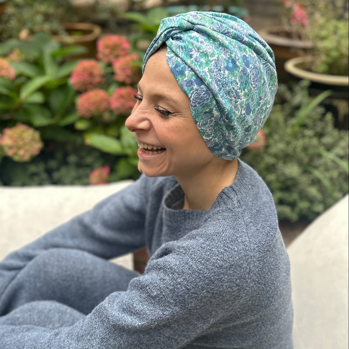 Little Susan Turban Hat in blue Winter Rose Liberty print in Lantana (cotton & wool blend)