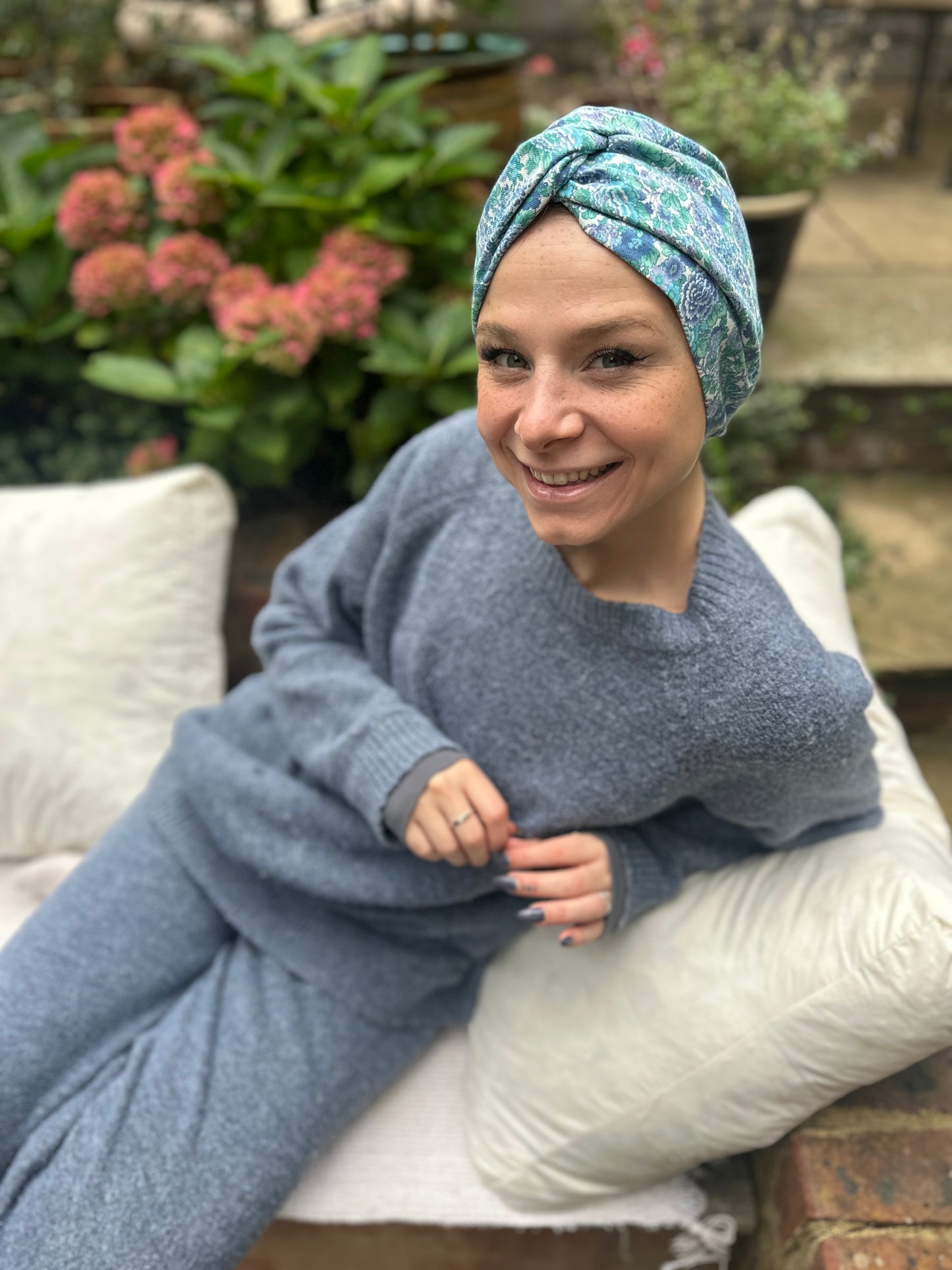 Little Susan Turban Hat in blue Winter Rose Liberty print in Lantana (cotton & wool blend)