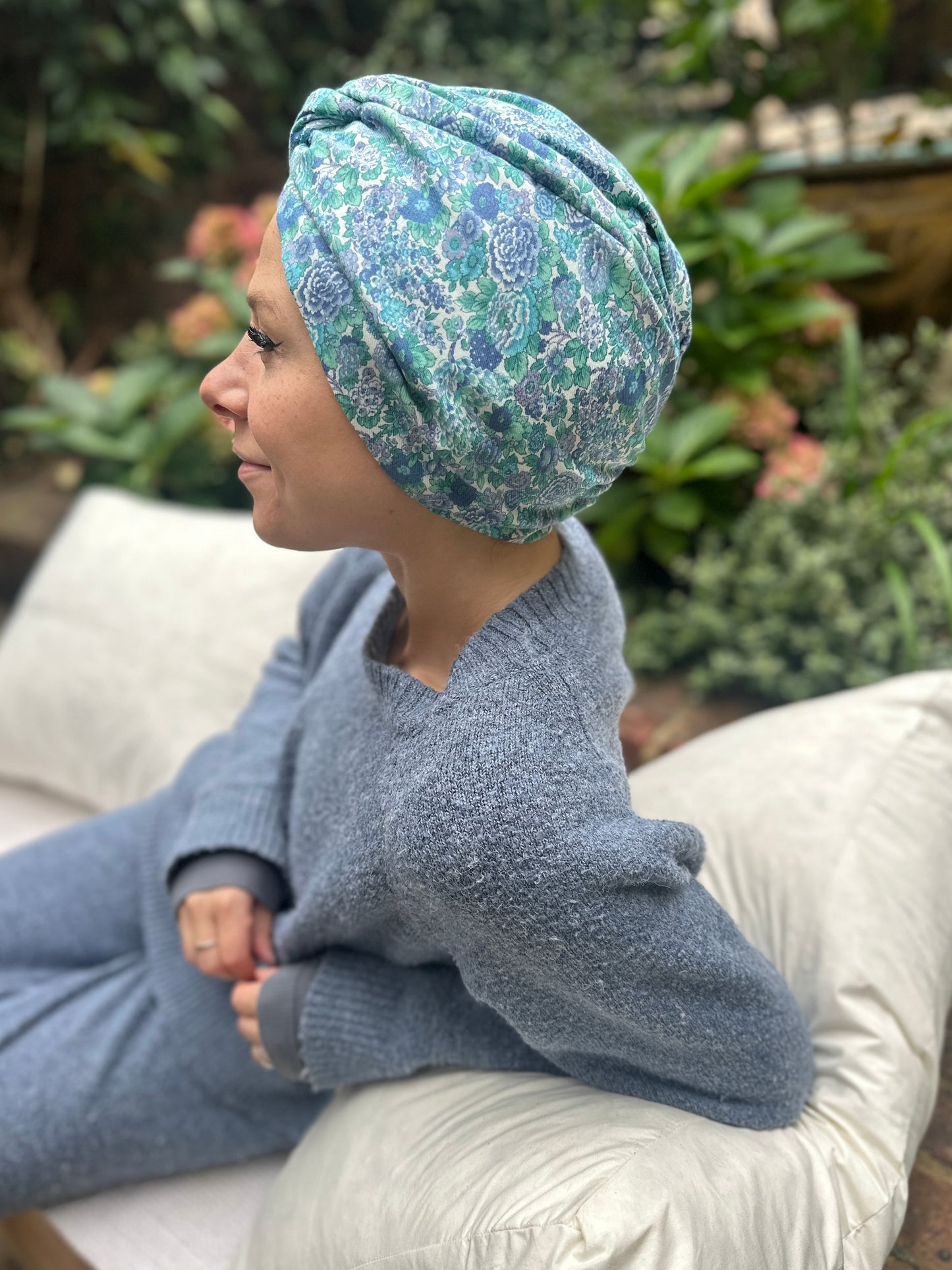 Little Susan Turban Hat in blue Winter Rose Liberty print in Lantana (cotton & wool blend)