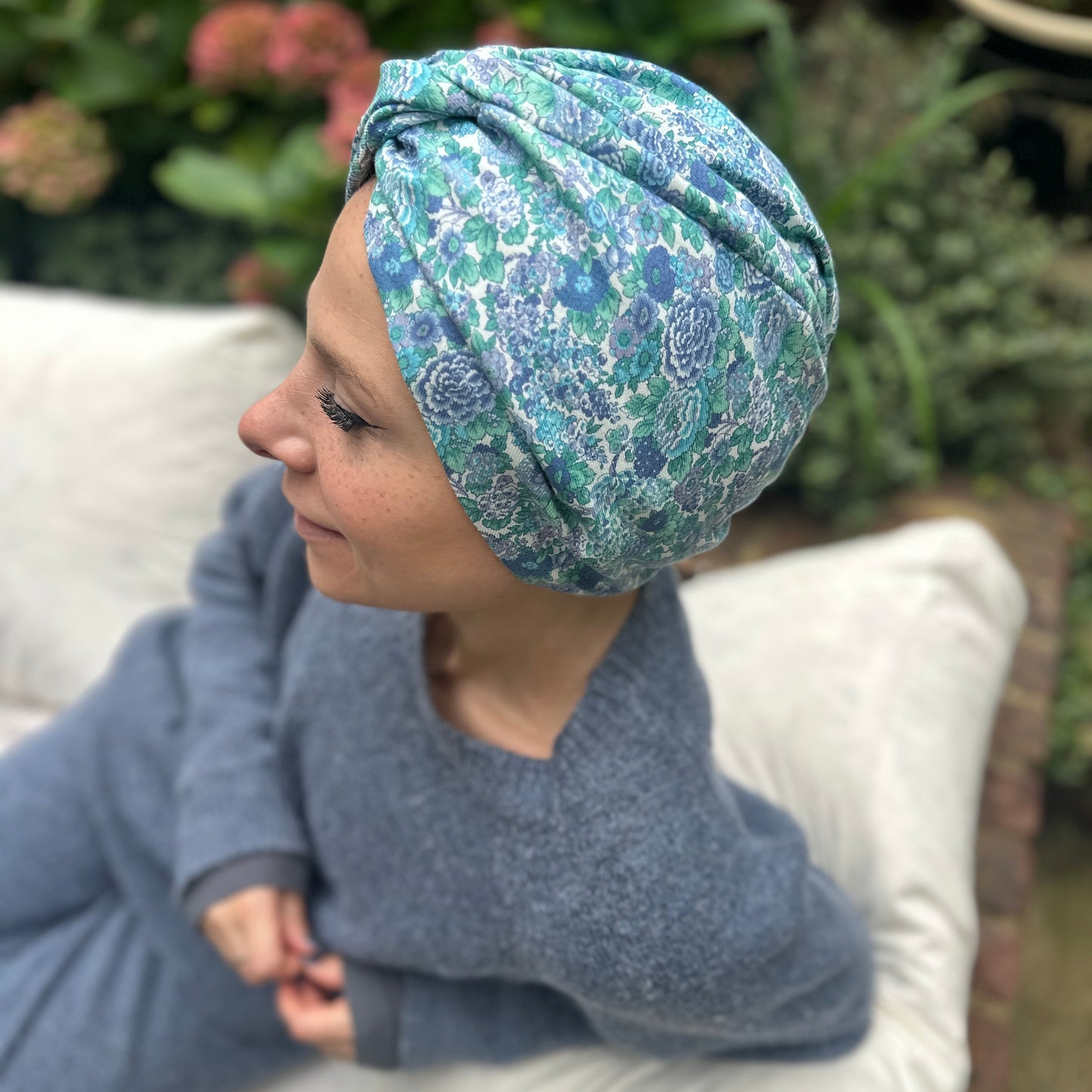 Little Susan Turban Hat in blue Winter Rose Liberty print in Lantana (cotton & wool blend)