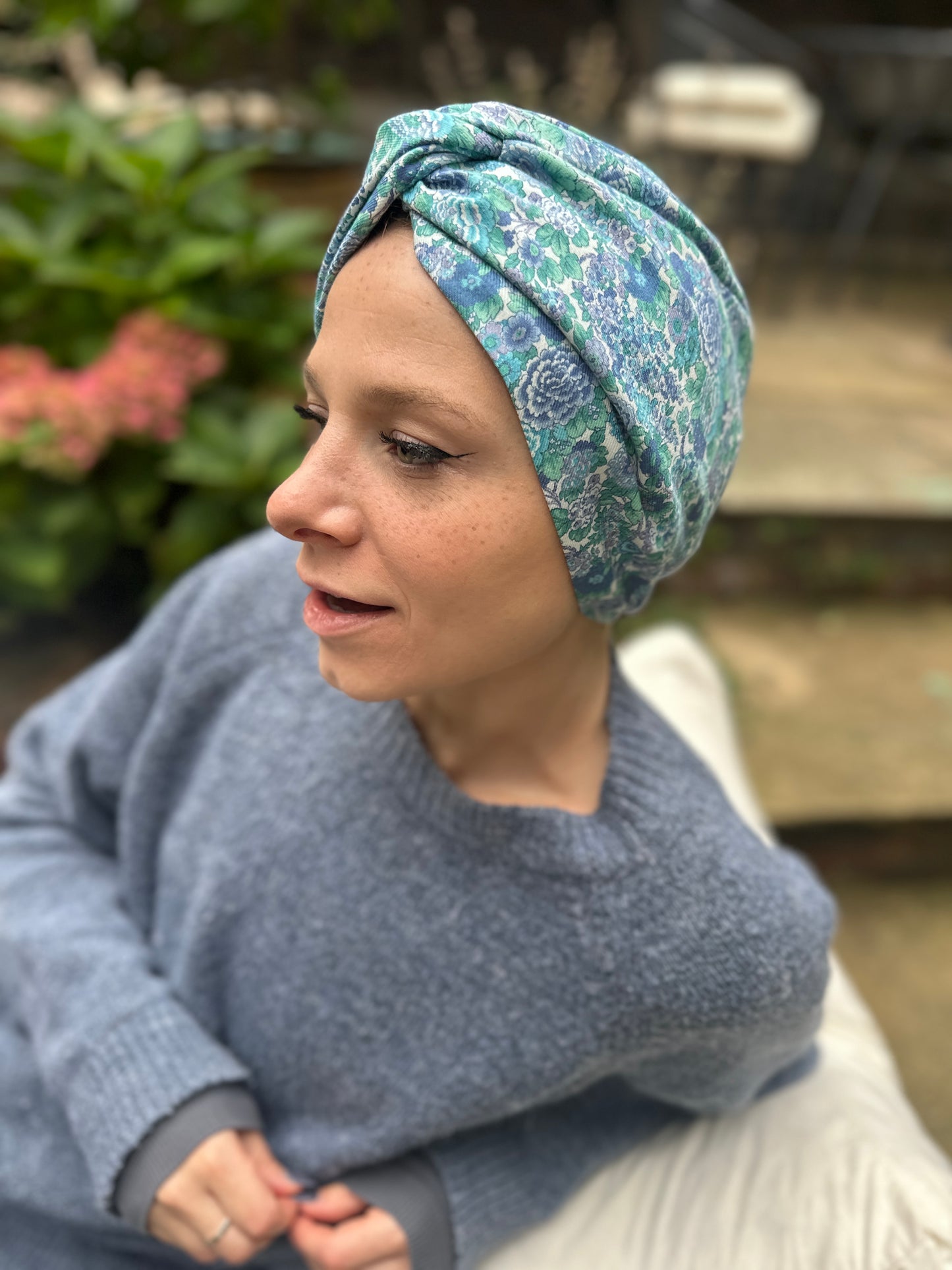 Little Susan Turban Hat in blue Winter Rose Liberty print in Lantana (cotton & wool blend)