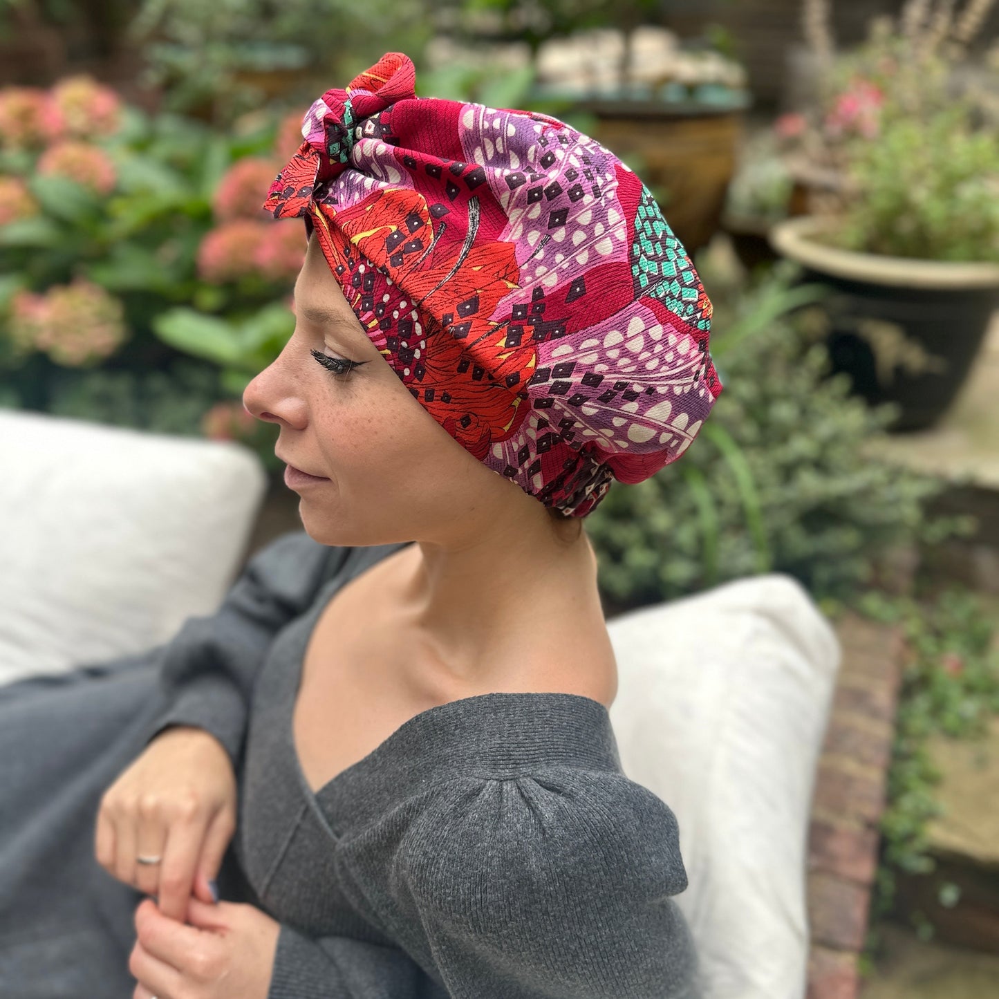Luxury Silk Turban & Head wrap - Liberty of London Artist Red Graphic printed silk & wool blend (Copy)