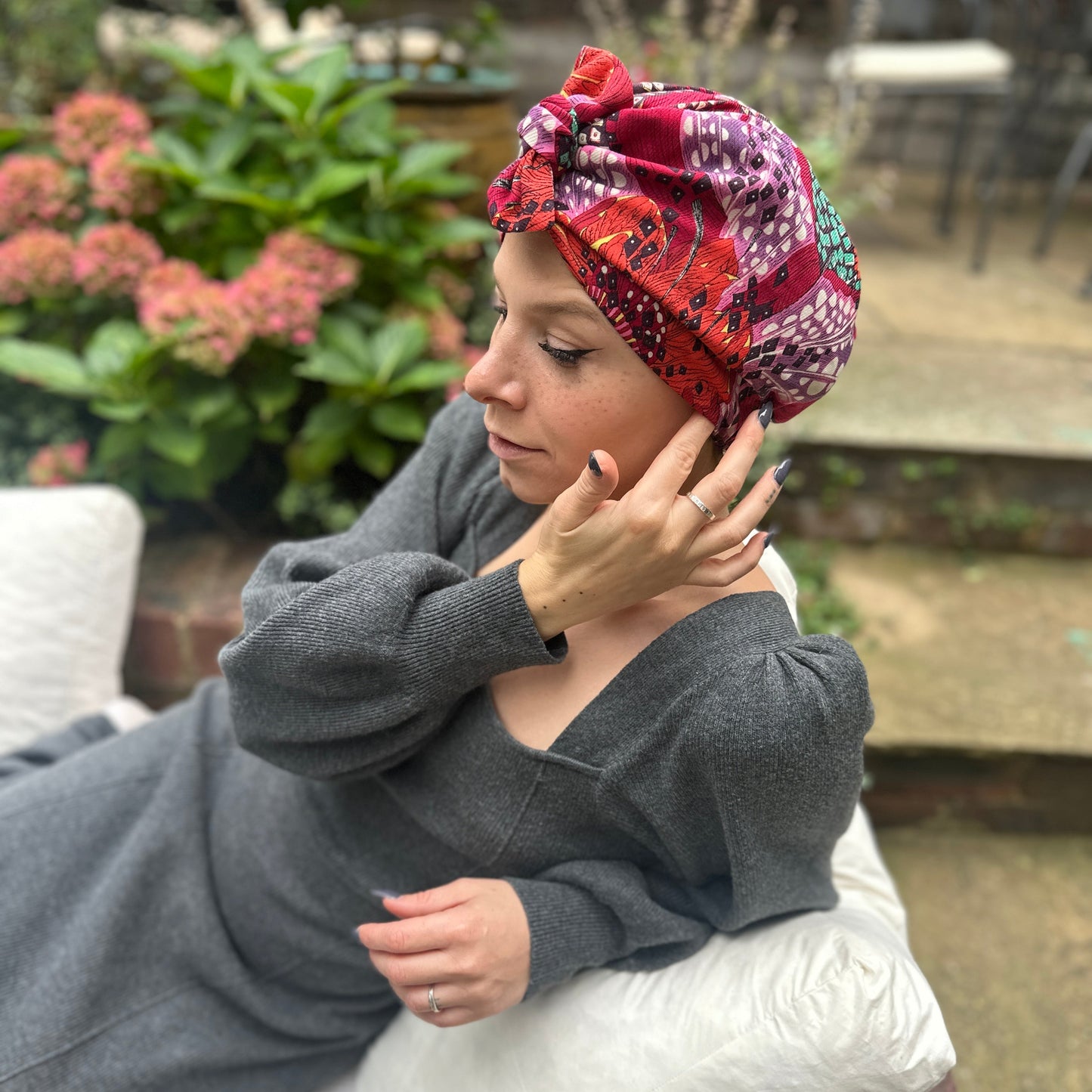 Luxury Silk Turban & Head wrap - Liberty of London Artist Red Graphic printed silk & wool blend (Copy)