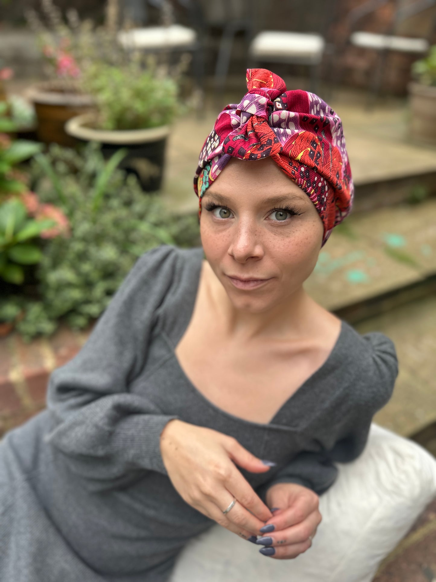 Luxury Silk Turban & Head wrap - Liberty of London Artist Red Graphic printed silk & wool blend (Copy)