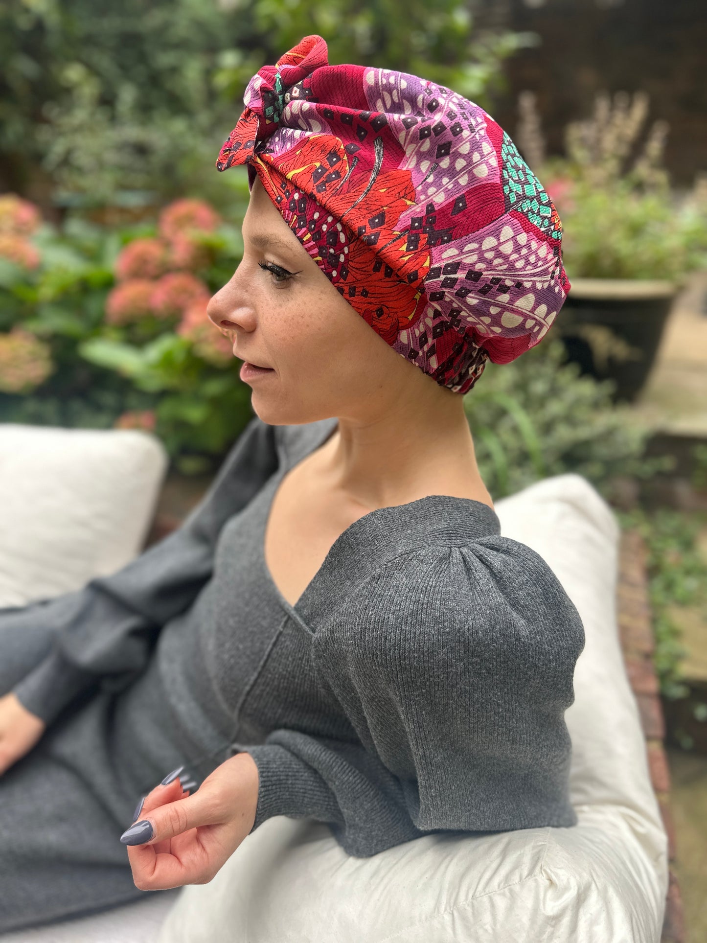 Luxury Silk Turban & Head wrap - Liberty of London Artist Red Graphic printed silk & wool blend (Copy)