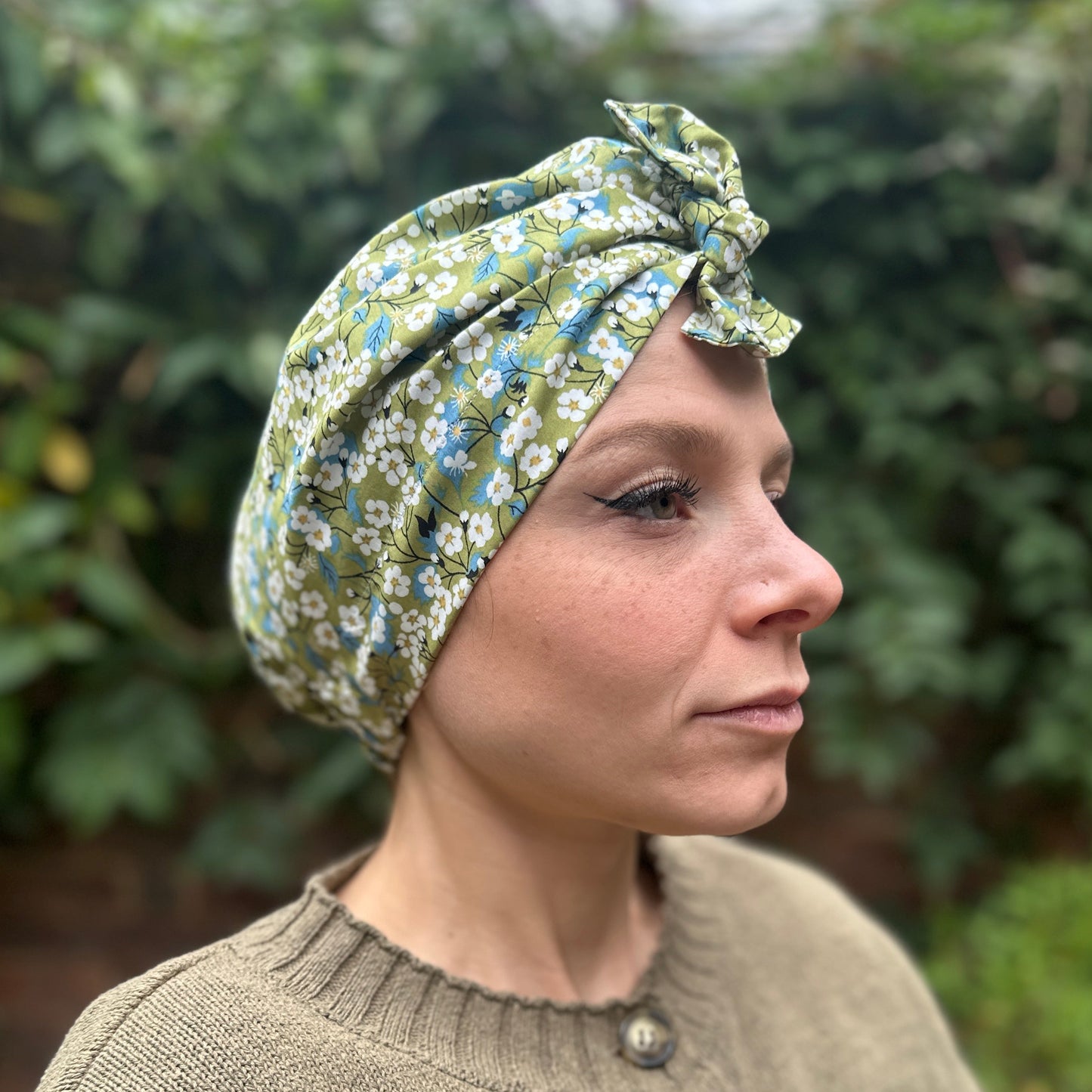 Ladies Turban Hat - Liberty of London Classic Green Mitsi floral print