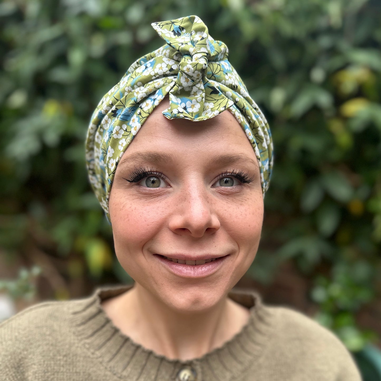 Ladies Turban Hat - Liberty of London Classic Green Mitsi floral print