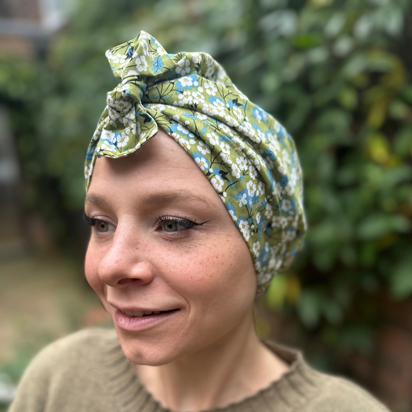 Ladies Turban Hat - Liberty of London Classic Green Mitsi floral print