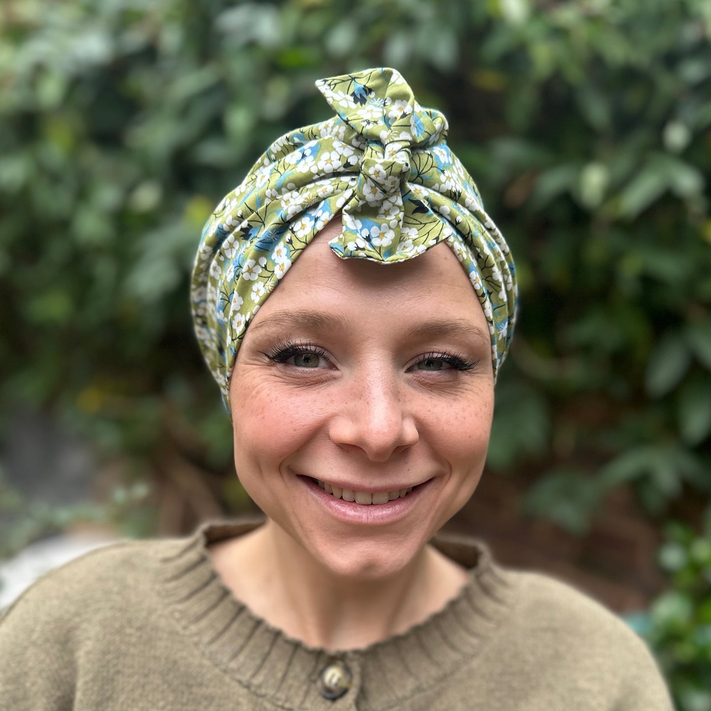 Ladies Turban Hat - Liberty of London Classic Green Mitsi floral print