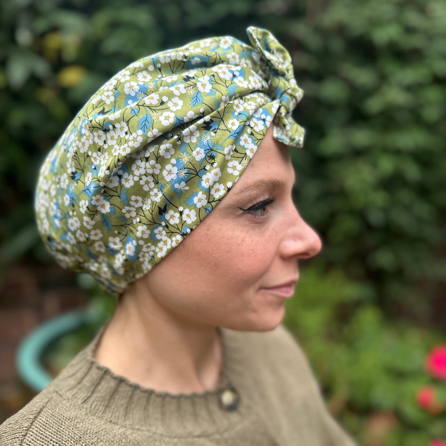 Ladies Turban Hat - Liberty of London Classic Green Mitsi floral print